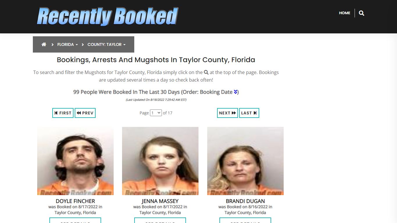 Recent bookings, Arrests, Mugshots in Taylor County, Florida